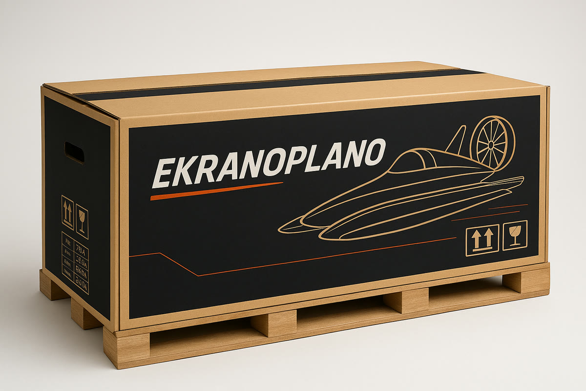 Caja de cartón serigrafiada del Ekranoplano sobre tarima, lista para envío.