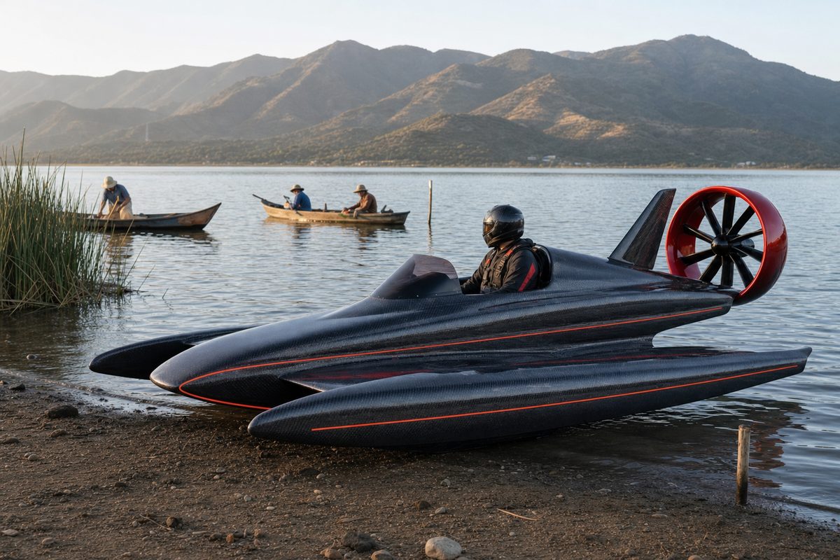El Ekranoplano en un lago de Jalisco junto a pescadores tradicionales.